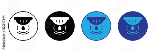 Set of four circular icons depicting a medical eye wash cup or eyewash station symbol with a falling water drop, in various color schemes.
