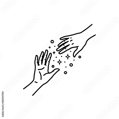 Minimalist line art drawing of two hands reaching towards each other with magical sparkling effect, vector illustration