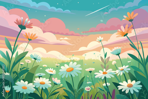 A vibrant illustration showcases a field of colorful flowers under a dreamy sunset