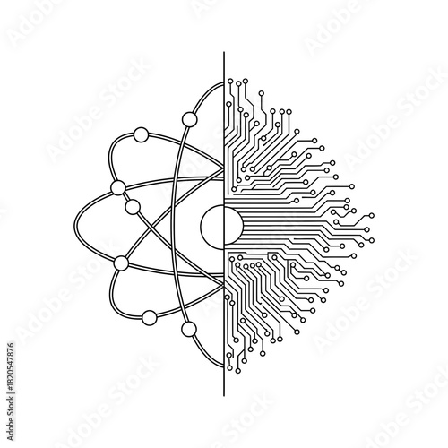Conceptual split image showing half atom structure and half electronic circuit board trace, representing science and technology fusion, vector illustration