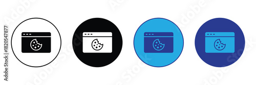 Collection of cookie icons showing a web browser window with a bite taken out of a cookie on white, black, blue, and purple backgrounds