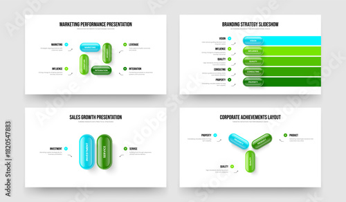 Professional Visualization 4 5 2 3 Step Infographic Slide Layout Bundle. Investor Strategy Four Five Two Three Element Diagram Presentation Design Vector Illustration Set.
