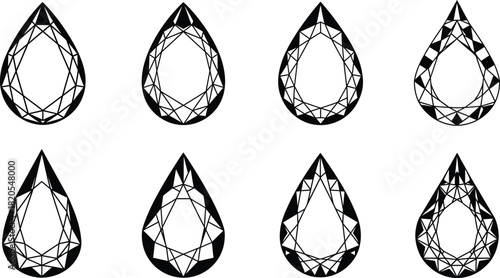 Collection of faceted teardrop or pear-cut gemstone and diamond shapes, elegant line art jewelry motif set for luxury logo, wedding, or tattoo concepts.
