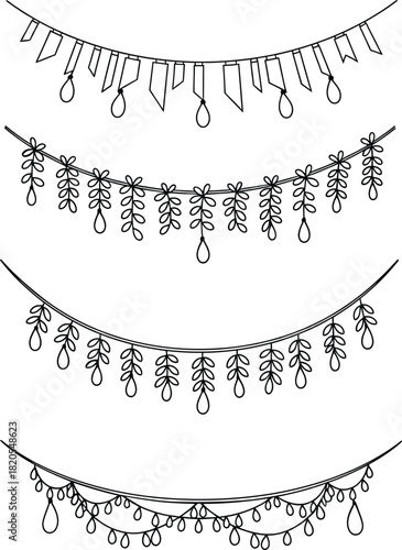Collection of decorative hanging garland border elements including flags, leaves, and teardrop lights, elegant line art design for party, wedding, or holiday decoration.