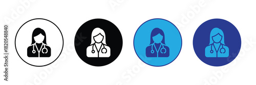 Collection of four doctor icons featuring a female healthcare professional with a stethoscope, displayed in various circular backgrounds: white, black, bright blue, and dark blue.