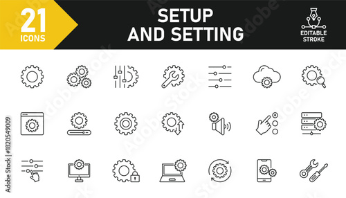 Setting and Setup line icon set. Set of 21 outline icons related to setup, setting, update, option, installation, configuration, gear and others. Editable stroke. Vector illustration.
