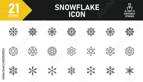 Snowflake line icon set. Set of 21 outline icons related to winter, snow, flake, snowflakes, ice crystal, snowfall and others. Editable stroke. Vector illustration.