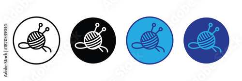 Set of icons representing knitting and yarn with needles, in outline, solid, and blue color variations, isolated on white