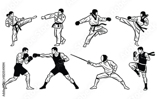 Martial arts silhouettes featuring karate taekwondo boxing and fencing in modern vector design concept for combat sports