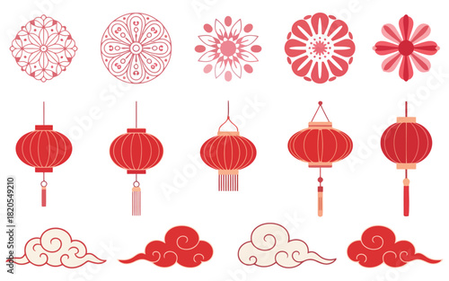 Set of chinese new year ornaments elements symbolizing prosperity and good fortune for festive design isolated on white background
