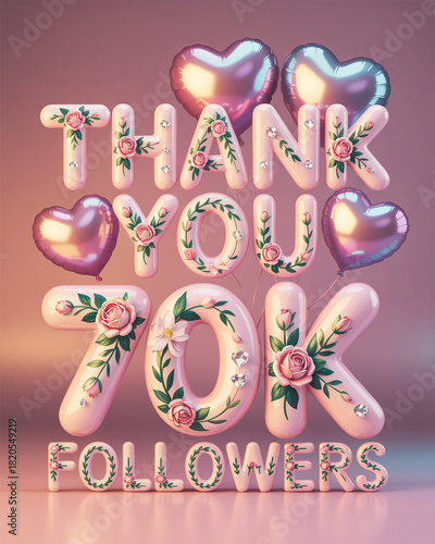 Pink Balloons Spell Thank You 70 K Followers with Floral Decorations and Heart Shapes seventy thousand