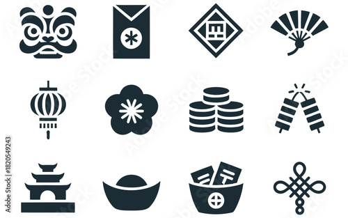 Collection of chinese new year icons showcasing traditional customs for festive designs and cultural representation isolated on white