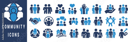 Collection of blue and white community and people icons on dark blue background group handshake