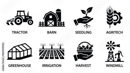 Agriculture icons tractor barn seedling agritech greenhouse irrigation harvest windmill