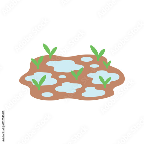 Early green sprouts in wet soil with puddles   growth illustration
