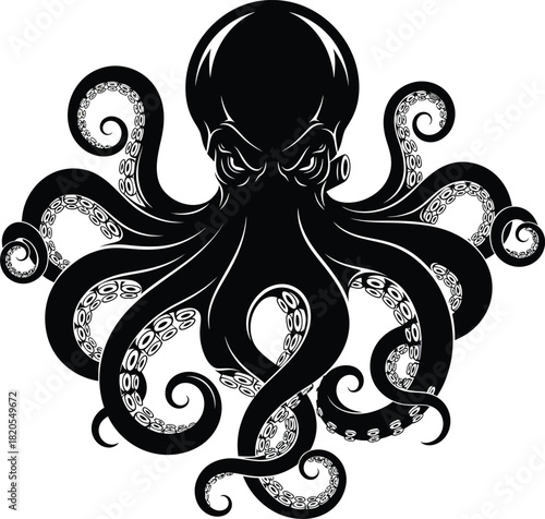 Black octopus kraken vector illustration sea creature tattoo design art eps silhouette