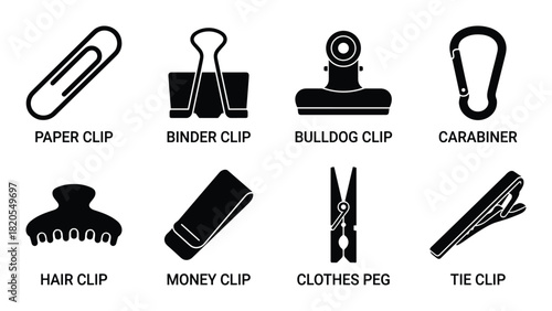 Assortment of clips and fasteners. Paper clip, binder clip, bulldog clip, carabiner, hair clip, money clip, clothes peg, tie clip.