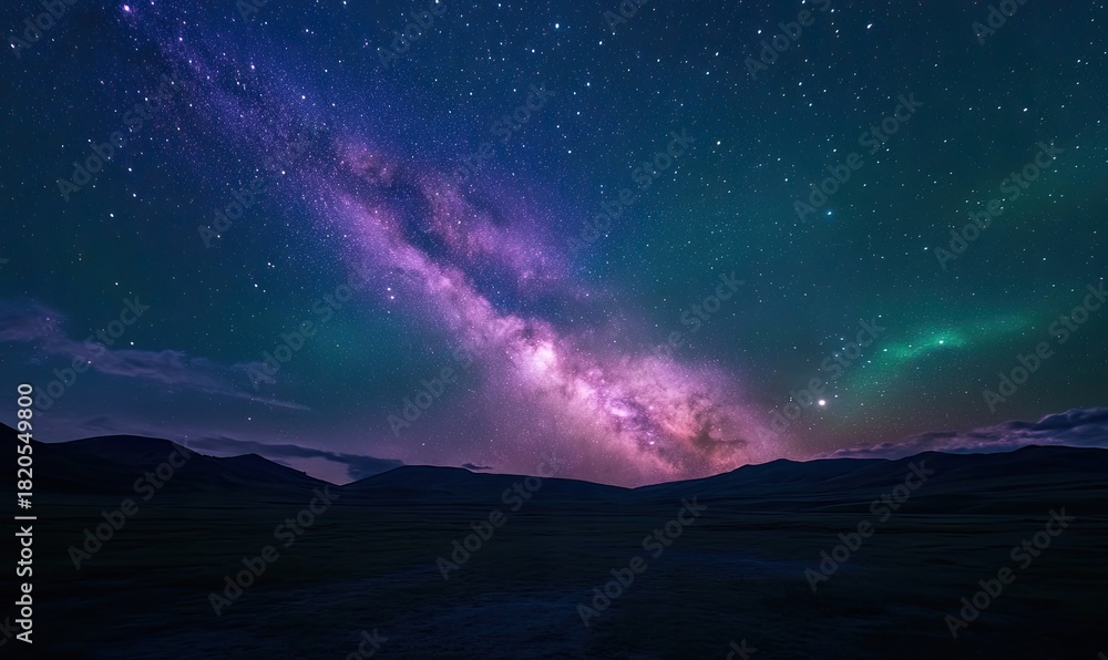 Fototapeta premium Starry Milky Way arch over dark landscape