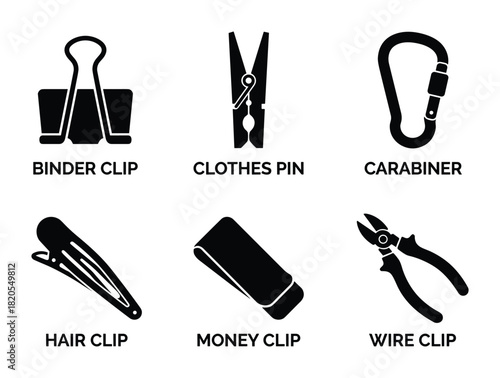 Assortment of clips such as binder clip, clothes pin, carabiner, hair clip, money clip, wire clip