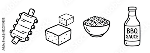 BBQ food icons. Barbecue sauce, ribs, coleslaw, cornbread black and white illustrations.