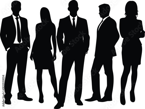 A group of five business professionals stand silhouetted against a plain white background