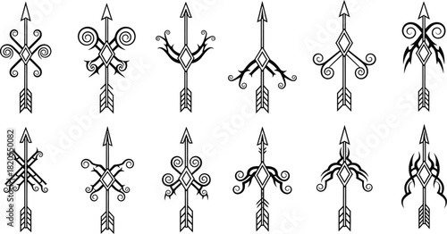 Set of twelve detailed tribal arrow designs with decorative flourishes, elegant historical and ethnic tattoo elements, quiver collection for logo or motif concepts.