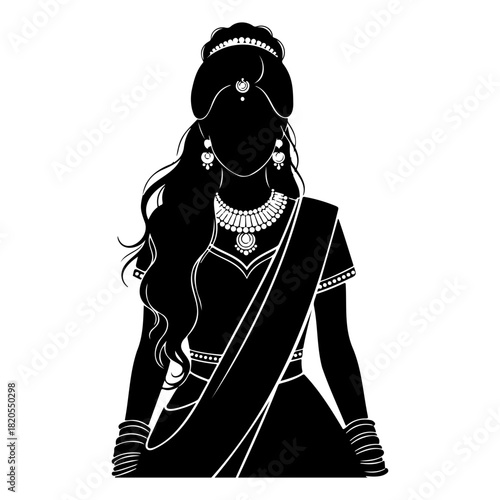 Silhouette of woman wearing traditional indian attire and jewelry art