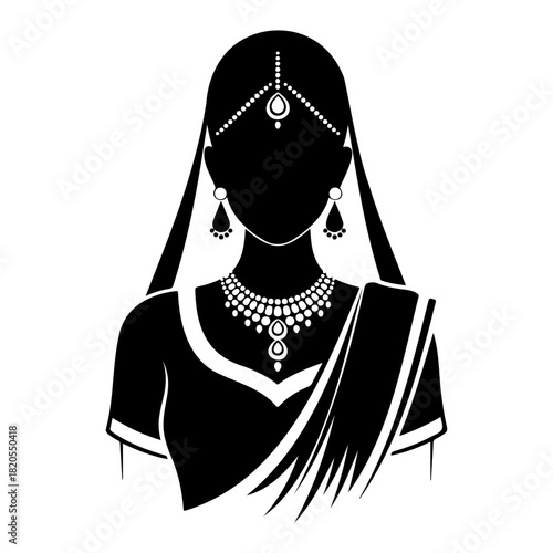 Silhouette of a woman in traditional indian attire with jewelry in black