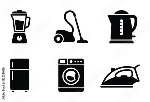 Black and white domestic appliances vector icons. Household electronics collection. Kitchenware objects set