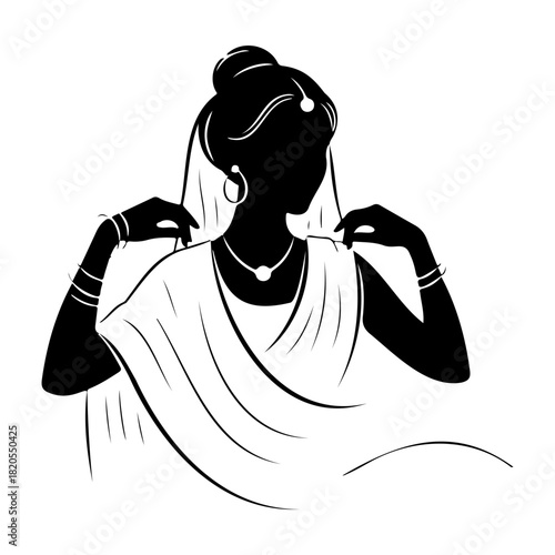 Silhouette of woman in saree with jewelry on white background image