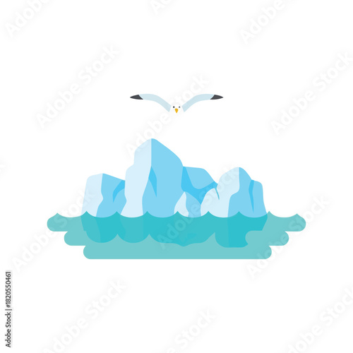 Arctic icebergs and seagull flat design illustration