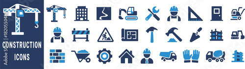 Collection of blue and white construction icons on dark blue background building crane