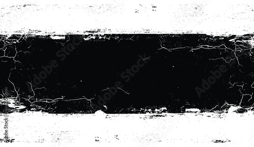 Black grunge stripe. Cracked texture and distressed edges. White background. Rough border. Dirty overlay.