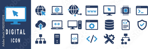 Collection of blue and white digital technology icons on dark blue background computer monitor