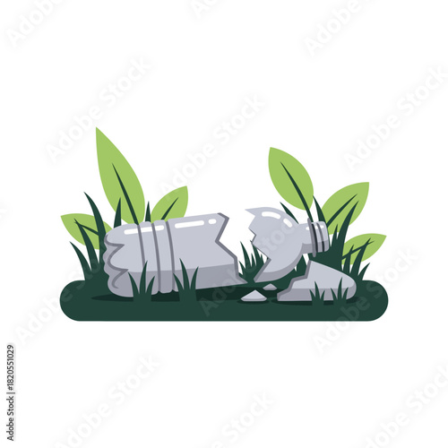 Plastic pollution: broken bottle in nature   eco damage illustration