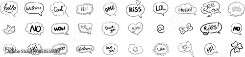 Hand drawn think and talk speech bubbles with love message vector bundle set. 