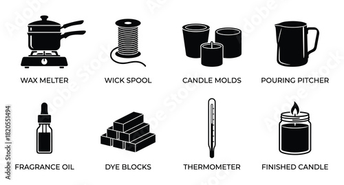 Candle craft tools; handmade creative hobby; wax supplies; home decor artisan equipment black silhouette