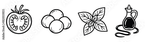 Caprese salad ingredients. Fresh tomato, mozzarella, basil, and balsamic glaze outlines.