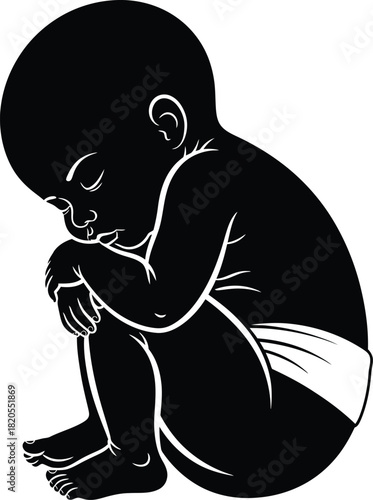 Illustration of sad baby infant child newborn in fetal position vector eps silhouette