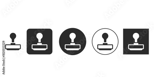 Black and white rubber stamp icon set for document approval | Official seal or marking tool pictogram for UI design | Flat monochrome icon collection of a handled stamp | Digital vector symbol
