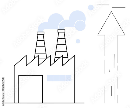 Industrial factory emitting smoke from two chimneys, rising arrow symbolizing growth. Ideal for economy, manufacturing, innovation, sustainability, progress, industry trends success. Simple flat