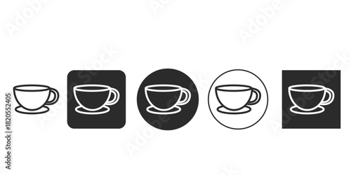 Black and white coffee cup icon set for menu design | Minimalist hot drink cup and saucer vector illustration | Monochrome coffee break glyph icons and silhouettes | Simple espresso mug graphic