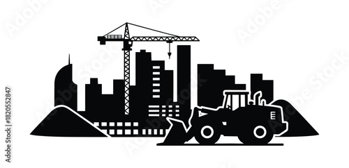 Cityscape under construction; urban development illustration; heavy machinery building; industrial city scene.
