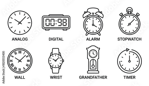 Collection of time measuring devices. analog digital alarm stopwatch wall wrist grandfather and timer clock.