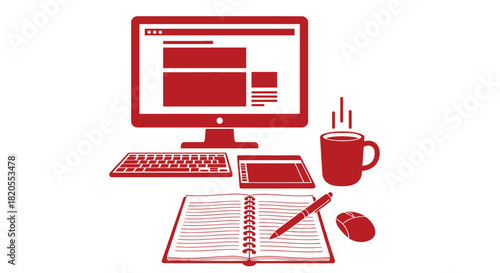 Illustration of workspace with computer and notebook for design