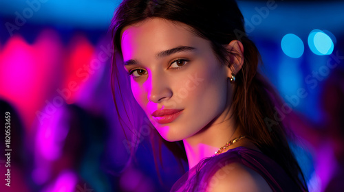 Young woman with soft makeup and gold earrings bathed in vibrant pink and blue neon lights, posing confidently with a blurred nightlife background