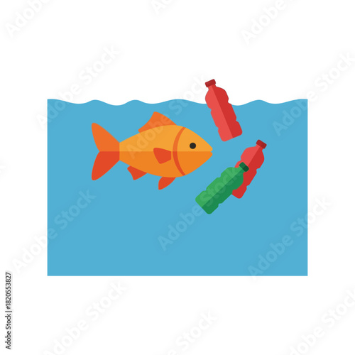 Ocean plastic pollution: fish in contaminated water illustration