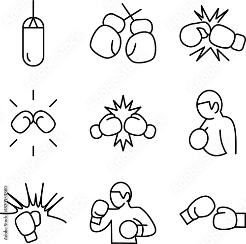 Set of Collection Boxing Line Art Icons – Minimal Punch & Gloves Vector