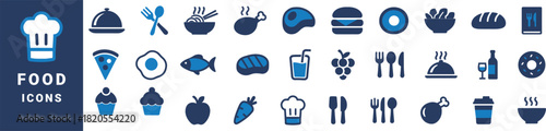 Collection of blue and white food and drink icons on a dark blue background vector