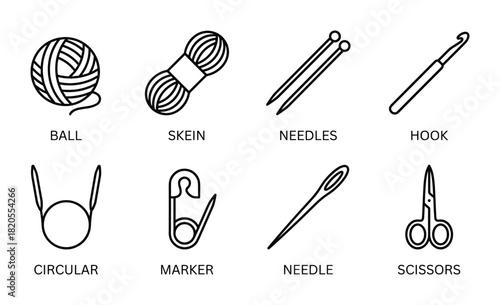 Crafting supplies, yarn, knitting needles, crochet hook, stitch marker, sewing scissors vector